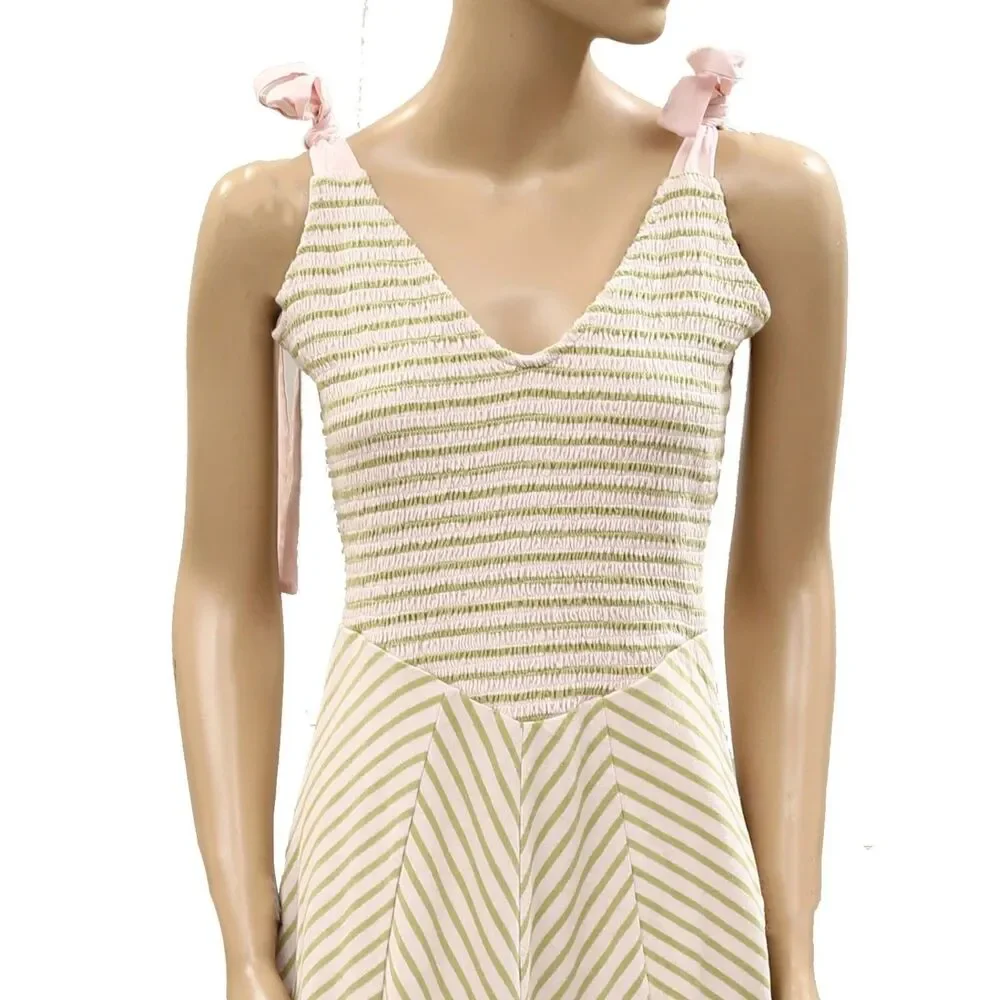 Free People Free-Est Cecelia Midi Dress Striped Printed Smocked Cotton XS 287176